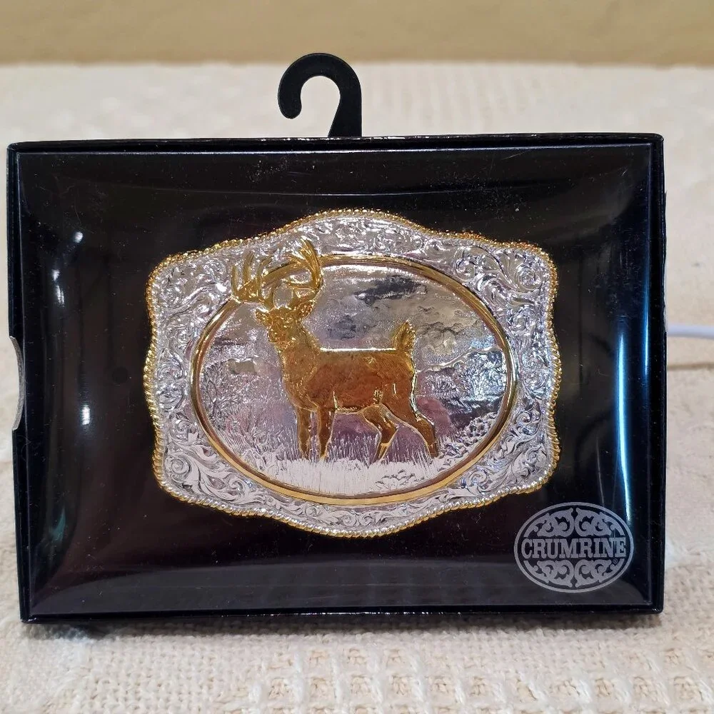Vintage Crumrine NIB Western Whitetail Deer Silver Gold Rectangle Belt Buckle